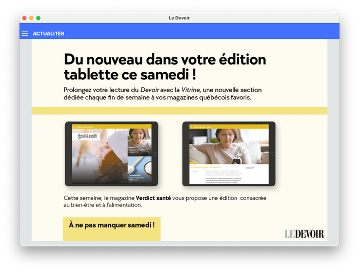 <p>Publicité dans l'application Journal Le Devoir</p>